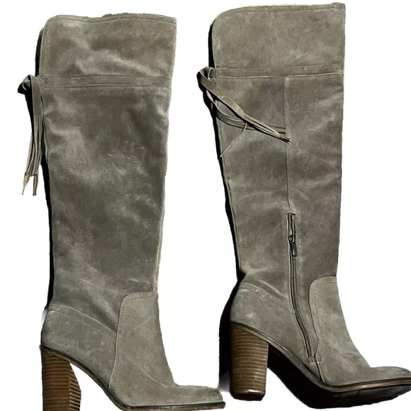Franco Sarto Elly Over The Knee Boot Women's 9 Taupe Suede Wooden Heel Side Zip - Picture 6 of 7